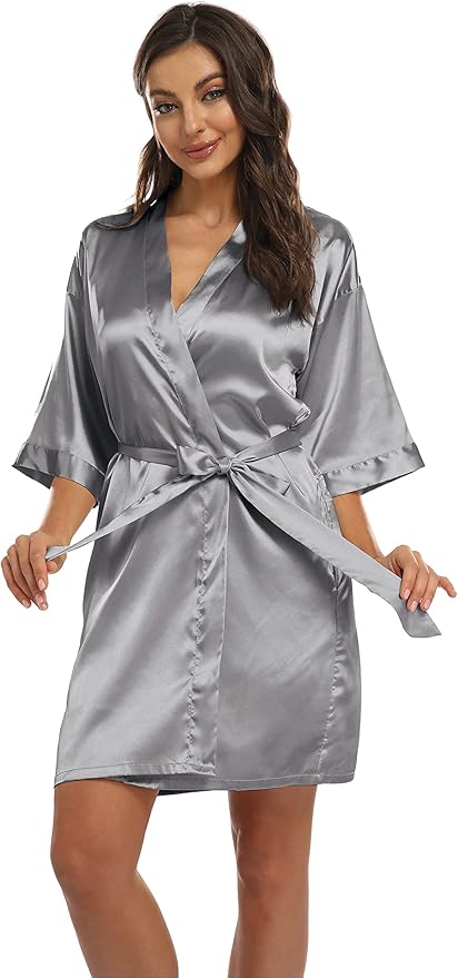Women's Pure Short Kimono Robes Bride Bridesmaids Silky Bathrobe Lightweight Satin Sleepwear
