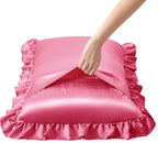 Silky Satin Ruffled Pillow Cases for Hair and Skin,Peach Red Silk Pillowcases Queen Set of 2 with Envelope Closure Princess Room Decoration