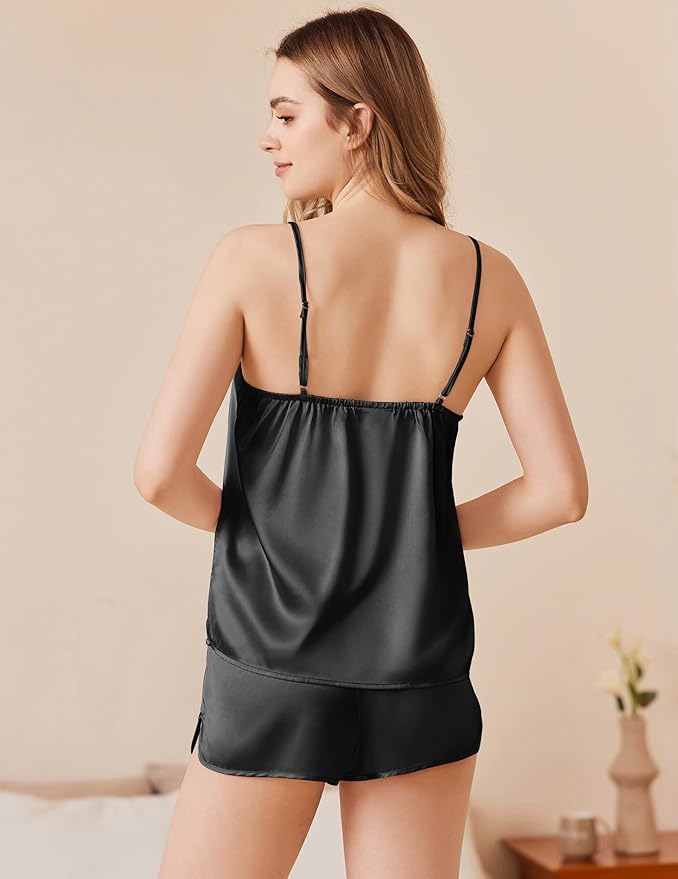 Ekouaer Silk Pajamas Set for Women Satin Camisole Sleepwear Lingerie V-Neck Cami Top and Shorts Pjs