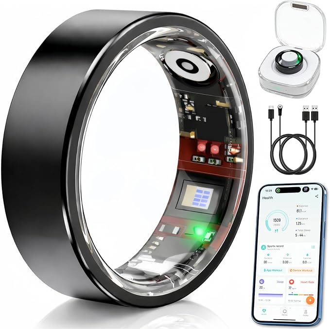 Smart Ring Health & Fitness Tracker for Men & Women – Sleep, Heart Rate & SpO₂ Monitoring, Stress & Activity Tracking, Women’s Health Support, 180+ Sports Modes, IP68 Waterproof, No Subscription Fee