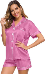 SWOMOG Womens Silk Satin Pajamas Set Short Sleeve Sleepwear Button Down Top and Shorts Loungewear 2 Piece Pjs Set XS-3XL