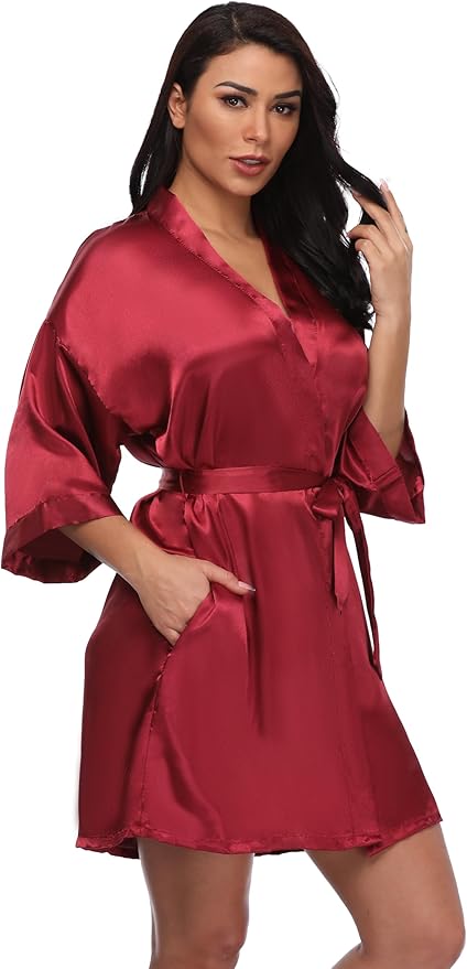 Women's Short Silky Robes Womens Satin Bathrobe Bride Bridesmaid Wedding Party Sleepwear Loungewear
