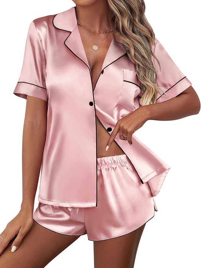 Ekouaer Womens Silk Satin Pajamas Set Short Sleeve Sleepwear Button Down Loungewear 2 Piece Pjs Shorts Set S-5X Plus Size