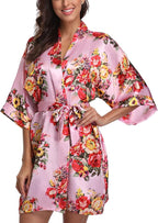 Women's Floral Satin Robes Bride Bridesmaid Getting Ready Robe Short Silky Kimono Sleepwear for Wedding Party