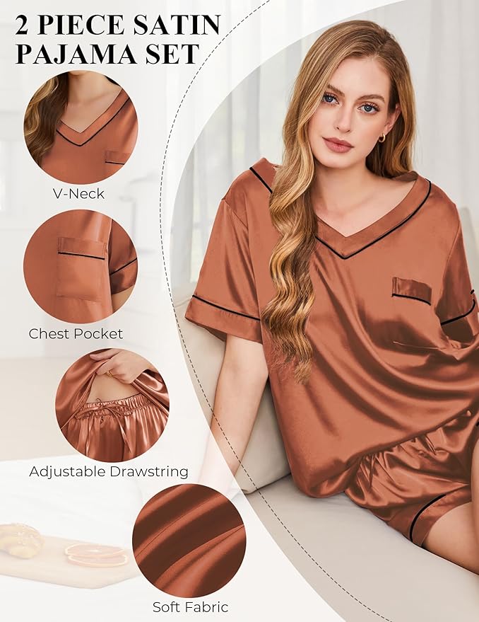 Silk Pajamas for Women Short Sleeve Satin 2 Piece Pj Set Soft V Neck Sleepwear Loungewear, S-XXL