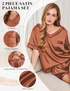 Silk Pajamas for Women Short Sleeve Satin 2 Piece Pj Set Soft V Neck Sleepwear Loungewear, S-XXL