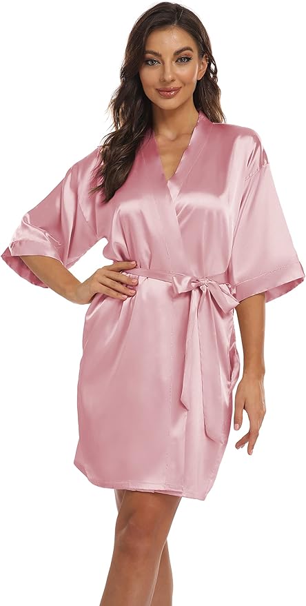 Women's Pure Short Kimono Robes Bride Bridesmaids Silky Bathrobe Lightweight Satin Sleepwear