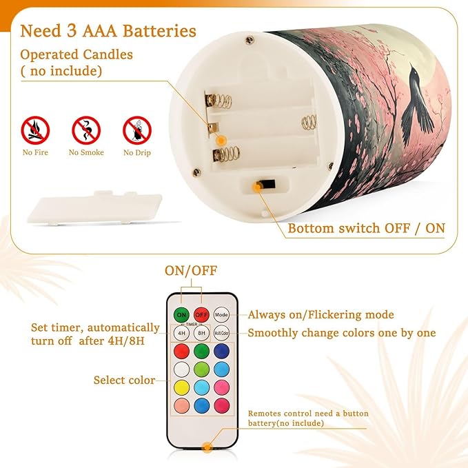 Peach Blossom Moon Bird Flameless Candles Battery Operated Color Changing LED Candles with Remote Control Timer Outdoor Indoor 2 Pack