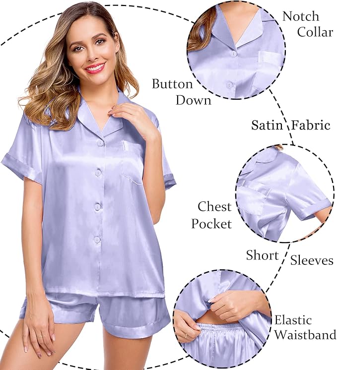 LecGee Womens Silk Satin Pajamas Short Sleeve Loungewear Two-Piece Sleepwear Button-Down Pj Set