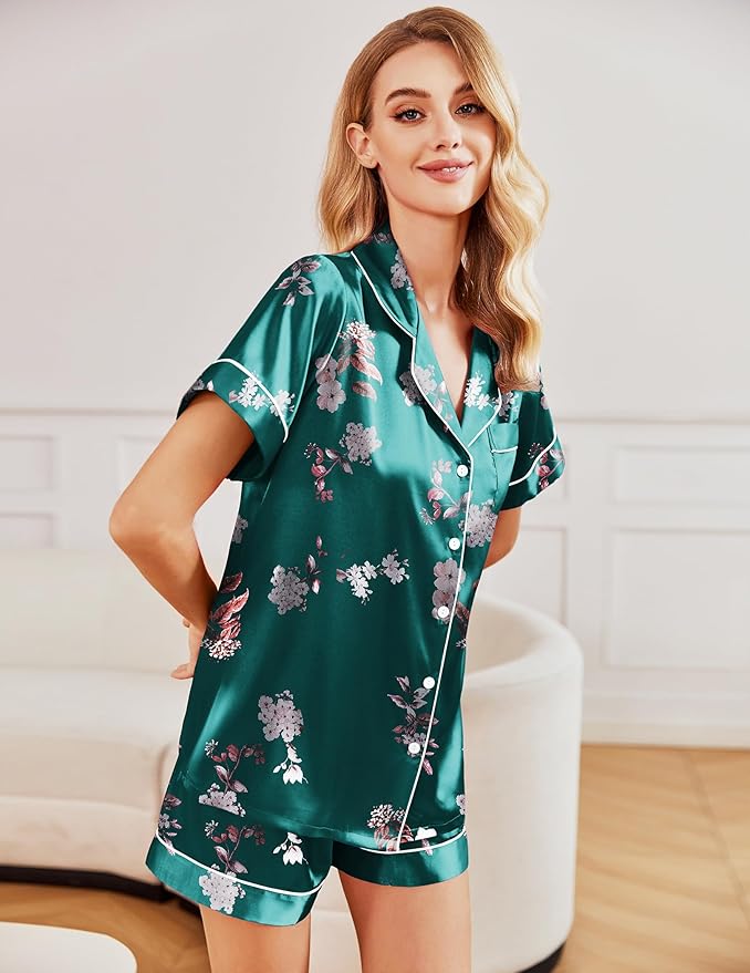 Ekouaer 2 Pack Pajama Sets for Women Silk Satin Pj Short Sleeve Button Down Sleepwear Top and Shorts Summer Lounge Set S-XXL