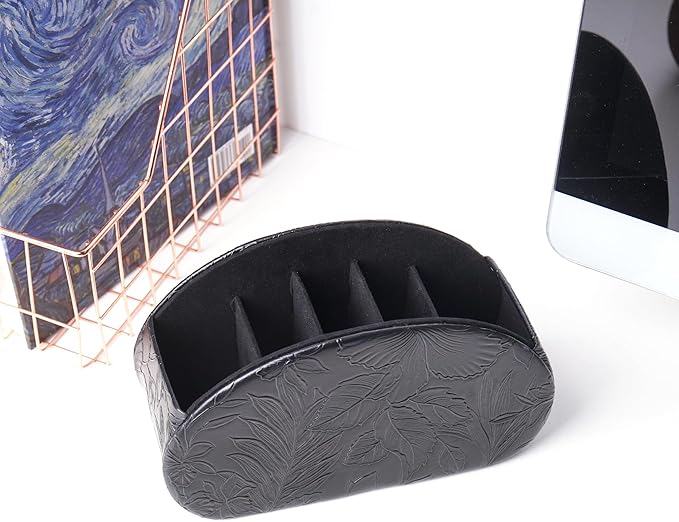 QIELIZI Remote Control Holder, PU Leather Remote Caddy Desktop Organizer with 5 Spacious Compartments for TV Remotes/Media Controllers/Office Supplies (1-Carved Black