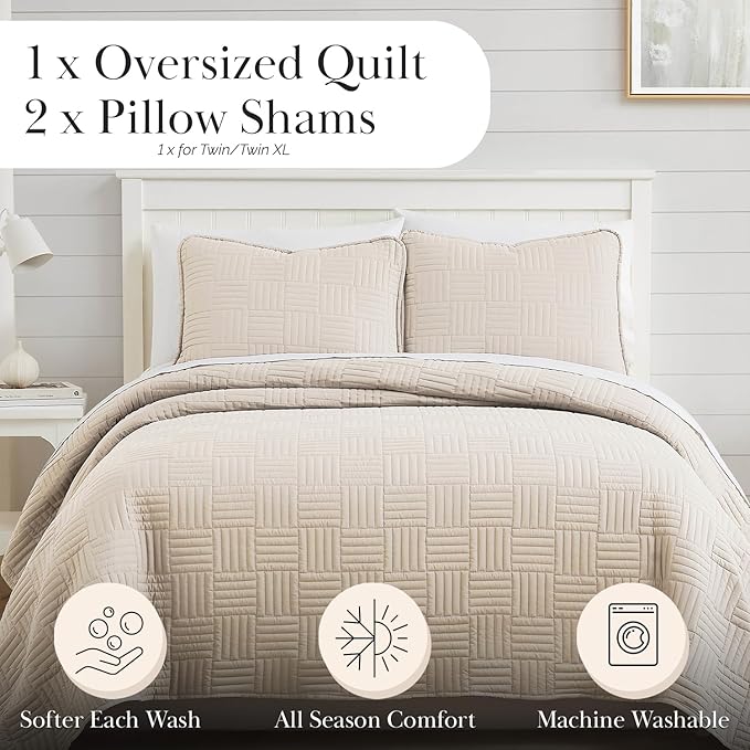 Southshore Fine Living, Inc. Oversized Quilt Bedding Set, Twin XL Bedspread Extra Long, 2-Piece with One Matching sham (68 in Wide x 98 in Long), Twin/Twin XL, Grid Taupe