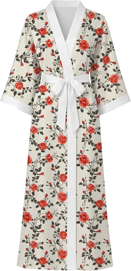 Hellomamma Womens Satin Silk Robe: Lightweight 3/4 Sleeve Comfy Floral Print Kimono Sleepwear for Bride Wedding Party Gift