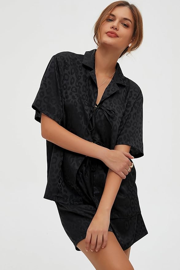 CHYRII Women's Silk Satin Pajamas Sets Tie Front Short Sleeve Tops and Shorts Two Piece Pj Sets Sleepwear