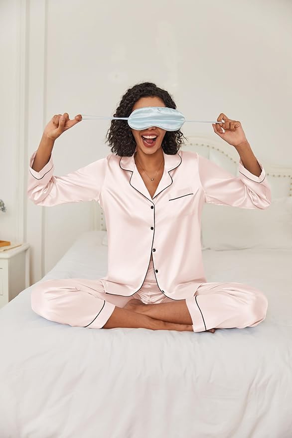 Ekouaer Women's Classic Button Down Long Satin Silk Pajama Set