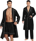 SWOMOG Men's Satin Robe 3 Pcs Silky Kimono Bathrobe Set Lightweight Soft Loungewear Nightwear