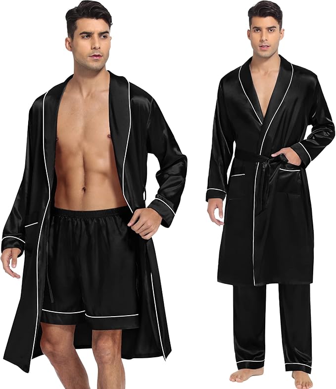 SWOMOG Men's Satin Robe 3 Pcs Silky Kimono Bathrobe Set Lightweight Soft Loungewear Nightwear