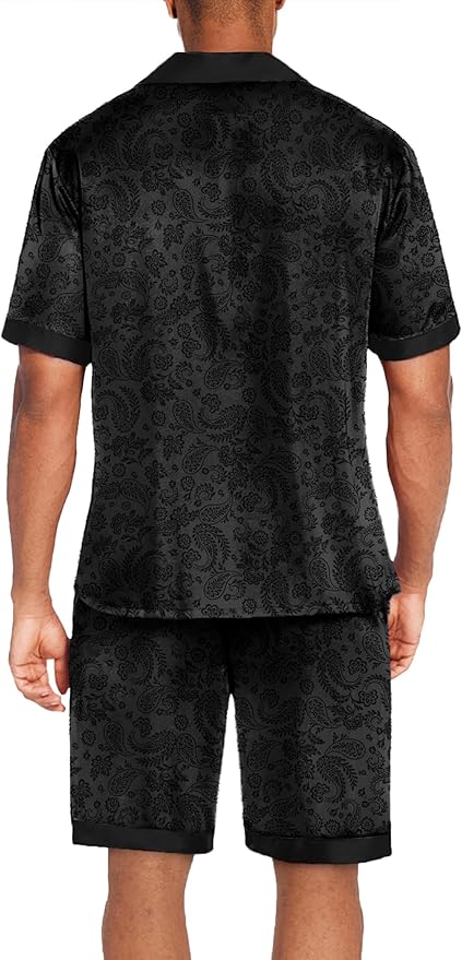 Ekouaer Men Satin Silk Pajamas Set with Pockets Sleepwear Shorts Satin Summer Loungewear 2 Piece Button Down Set S-3XL