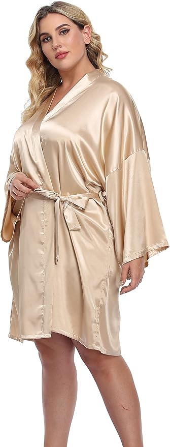 Women's Plus Size Short Silky Bathrobes Satin Kimono Robes Bride Bridesmaid Loungewear Soft Nightgown