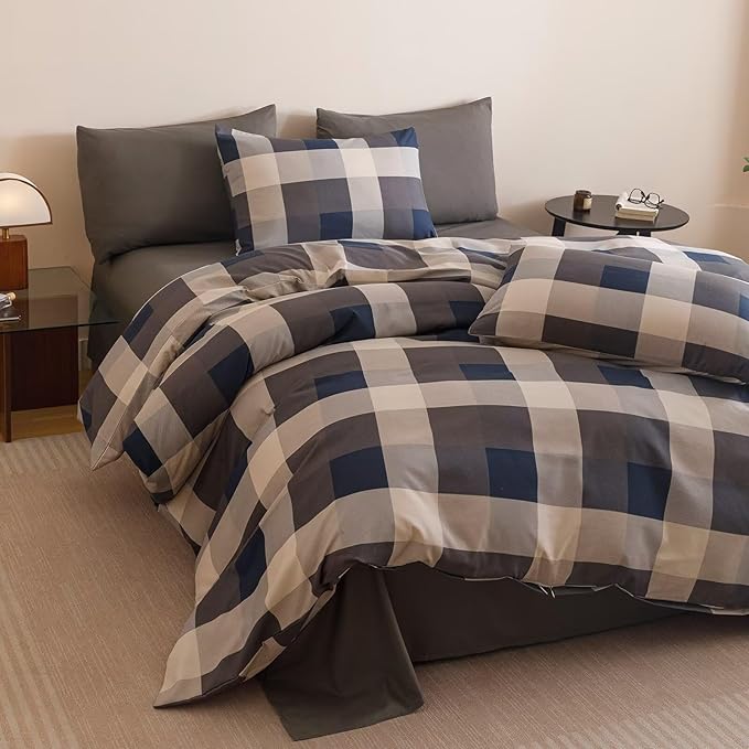 Cottonight Checkered Navy Comforter Set Cal King Gingham Grid Bedding Set Navy and Khaki Grid Comforter Fluffy Soft Blanket Quilts Modern Cottagecore Comforter California King Bed