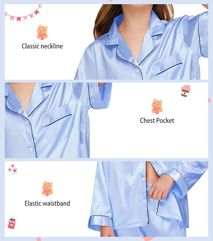 EPLAZA Kids Satin Pajamas Sets Girls Boys Button-Down Silky Pajamas Sleepwear with Hairband Eye Mask Hair Tie