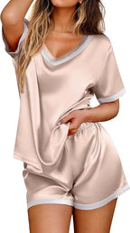 Ekouaer Silk Pajamas for Women Short Sleeve Satin Sleepwear Soft 2 Piece Pjs Shorts Set Loungewear,S-XX