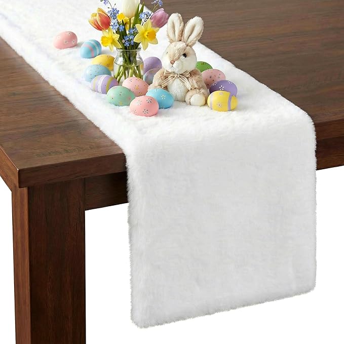 duduta White Faux Fur Table Runner 48 inches Long, Fluffy Dresser Runner Covers Coffee Table Runner Spring Easter Home Decor