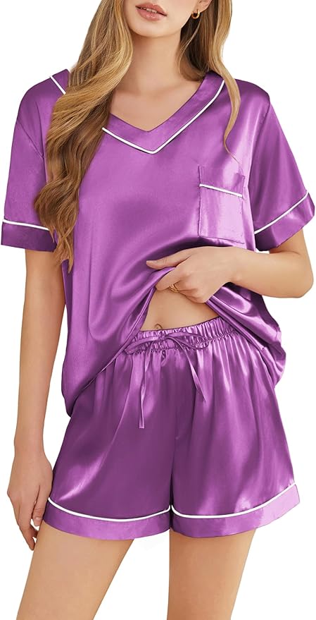 Silk Pajamas for Women Short Sleeve Satin 2 Piece Pj Set Soft V Neck Sleepwear Loungewear, S-XXL