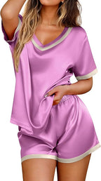 Ekouaer Silk Pajamas for Women Short Sleeve Satin Sleepwear Soft 2 Piece Pjs Shorts Set Loungewear,S-XX