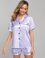SWOMOG Womens Silk Satin Pajamas Set Short Sleeve Sleepwear Button Down Top and Shorts Loungewear 2 Piece Pjs Set XS-3XL