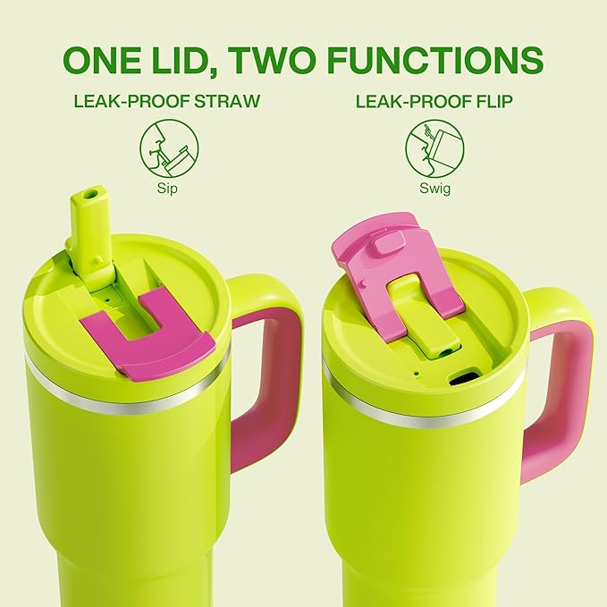 ENCOOL 40 oz Tumbler with Handle and Straw: Stainless Steel Insulated Tumbler Keeps Cold for 24 Hours, Leakproof Travel Cup Fits in Cup Holder and BPA-Free,Acid Green