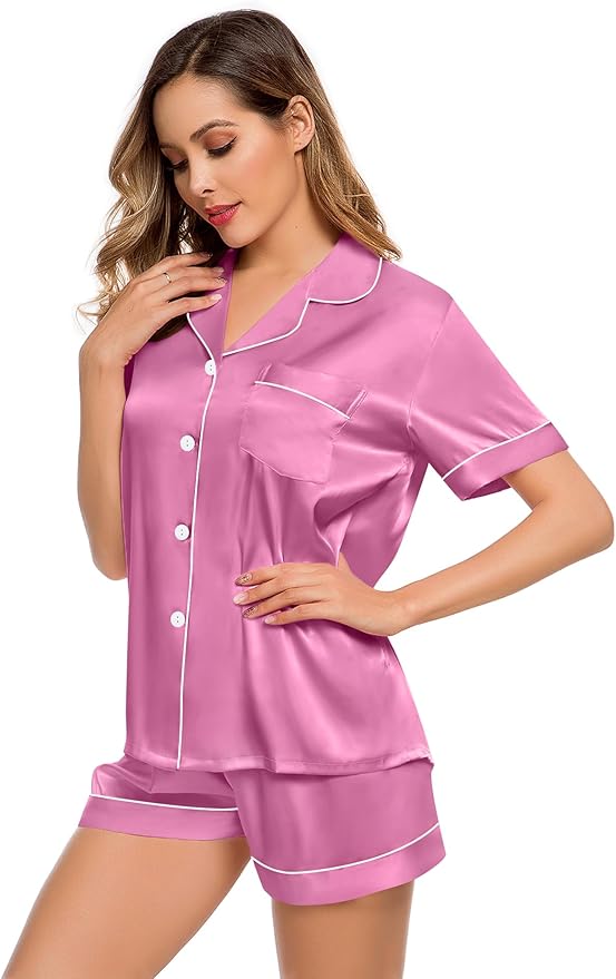 LecGee Womens Silk Satin Pajamas Short Sleeve Loungewear Two-Piece Sleepwear Button-Down Pj Set