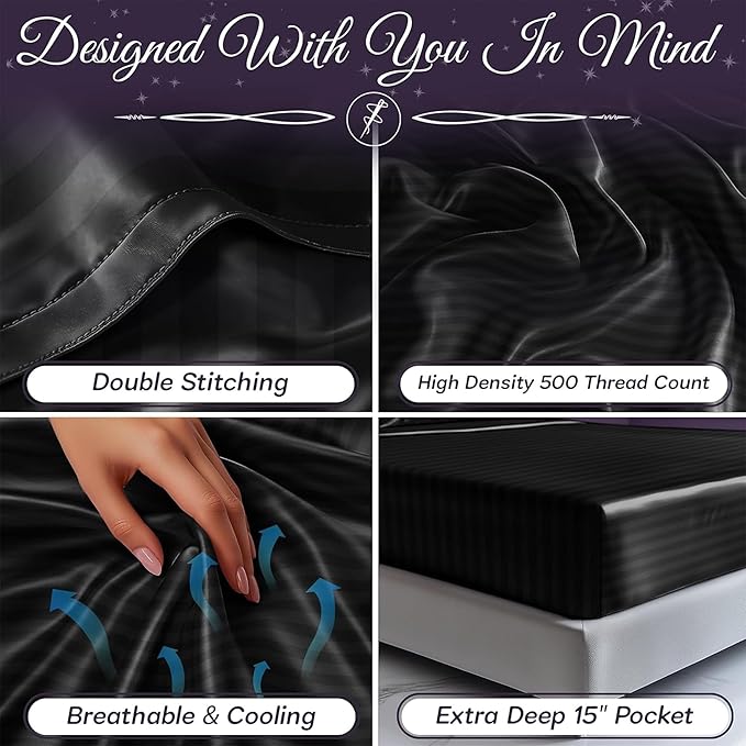 SLEEP SANCTUARY Satin Sheets King Size – 4 Piece Luxury Silky Bed Set, Softer Than Silk, 15" Deep Pocket, Cooling & Wrinkle-Free, Moisture-Wicking & Breathable for Hair & Skin (Striped Black)