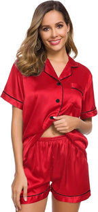 SWOMOG Womens Silk Satin Pajamas Set Short Sleeve Sleepwear Button Down Top and Shorts Loungewear 2 Piece Pjs Set XS-3XL