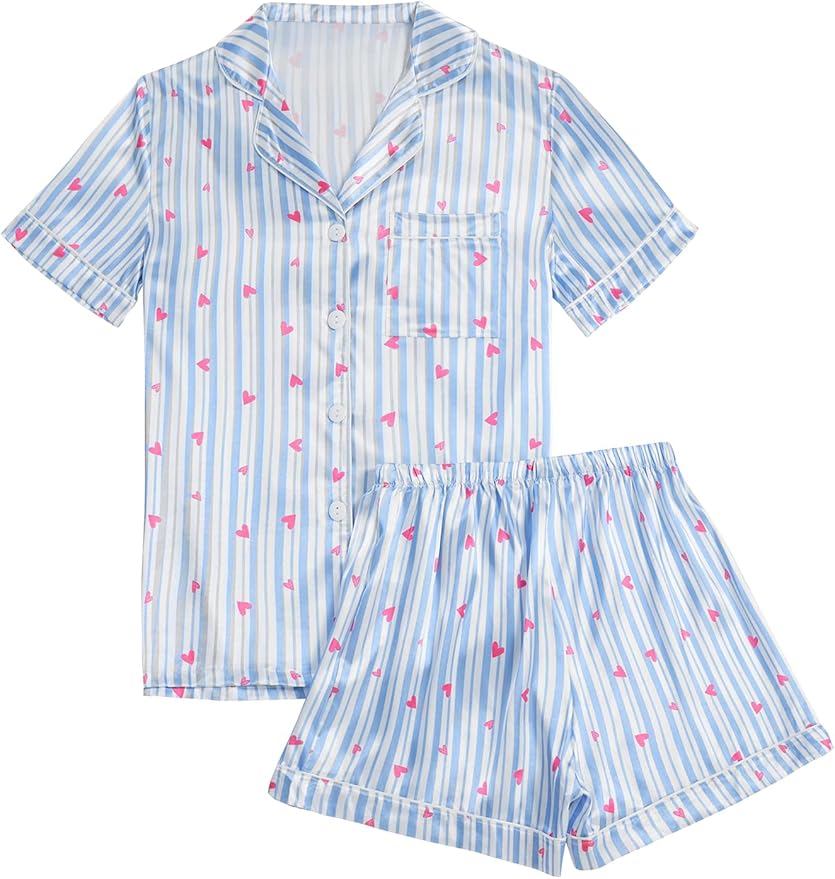 LYANER Women's Silky Satin Pajamas Set Short Sleeve Button Down Shirt With Shorts Pjs Set Sleepwear
