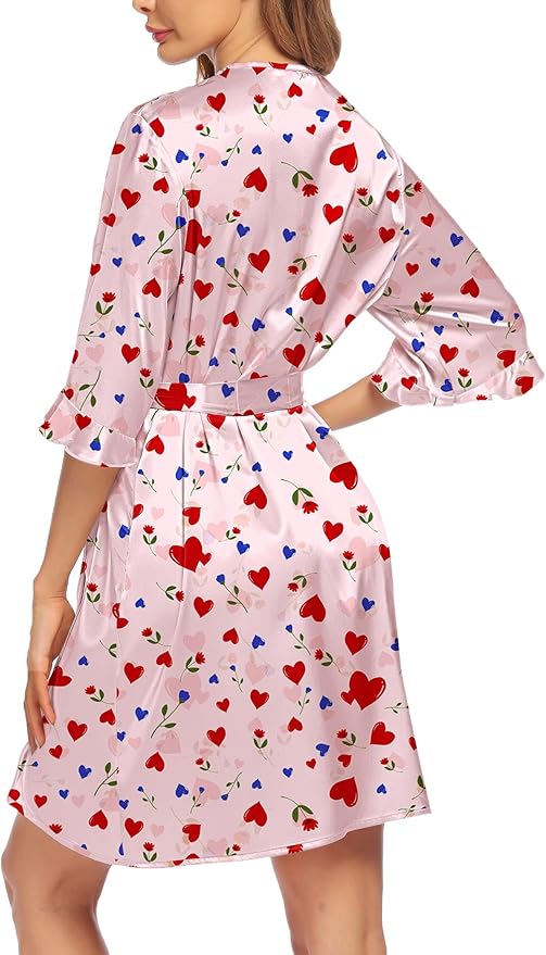 Ekouaer Women's Satin Robe Valentines Lingerie for Women Kimono Bathrobe Short Ruffle Belted Robes Bridesmaids Sleepwear