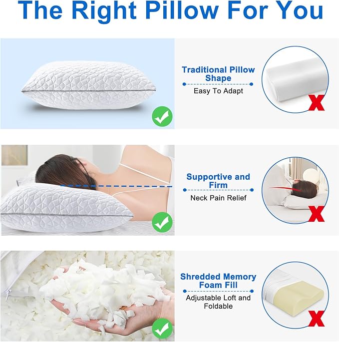 Cooling Pillows Standard Size Set of 4, Shredded Memory Foam Pillows, Adjustable Firm Bed Pillows Cool Cold Pillow for Hot Side Back Stomach Sleepers with Removable Washable Cover, 20" x 26", White