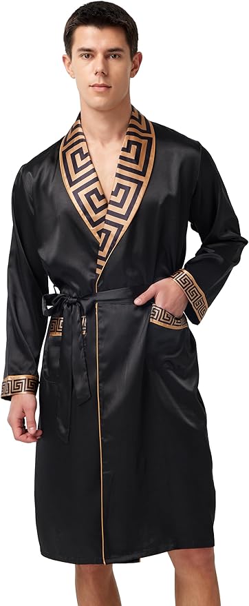 Tony & Candice Men's Satin Robe Lightweight Long Sleeve Silk Kimono Bathrobe with Shorts Set Sleepwear