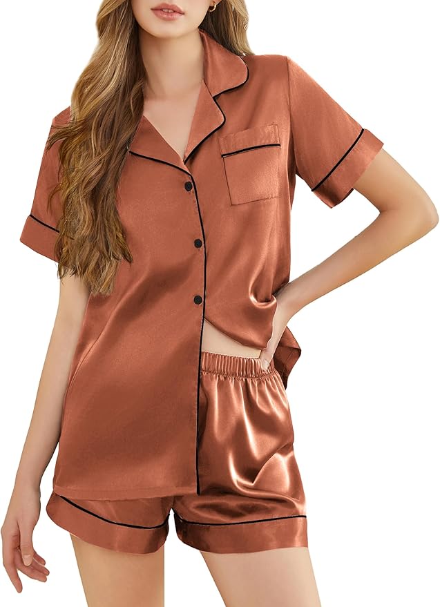 Silk Pajamas for Women Short Sleeve Sleepwear Soft Button Down Loungewear 2 Piece Satin Pjs Shorts Set S-XXL