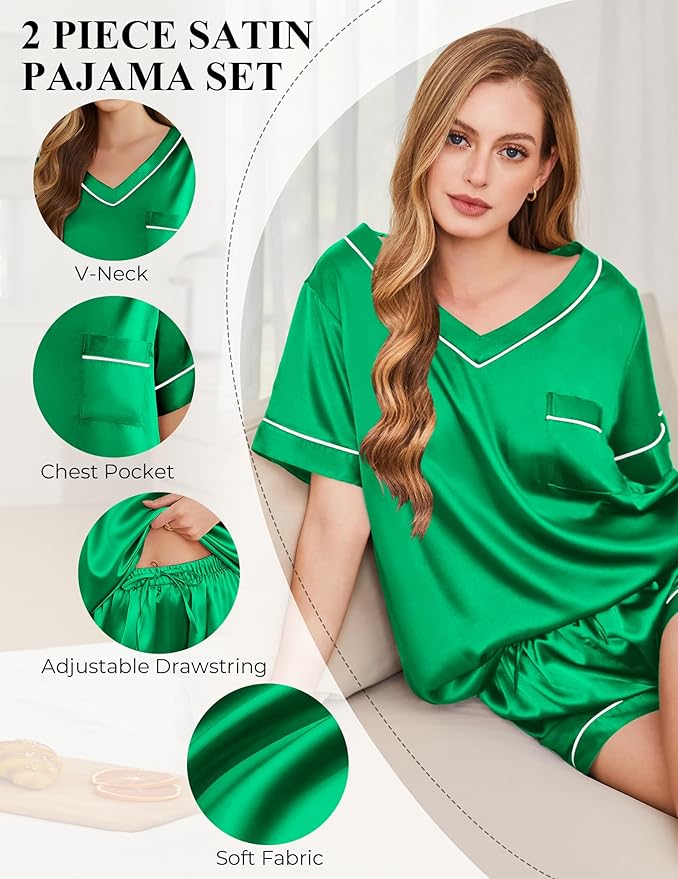 Silk Pajamas for Women Short Sleeve Satin 2 Piece Pj Set Soft V Neck Sleepwear Loungewear, S-XXL
