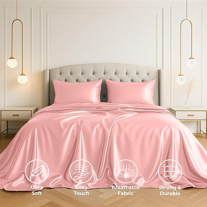 Pure Bedding Satin Sheets Full [4-Piece, Pink] Hotel Luxury Silky Bed Sheets - Extra Soft 1800 Microfiber Sheet Set, Wrinkle, Fade, Deep Pocket Fitted Sheet, Flat Sheet, Pillow Cases