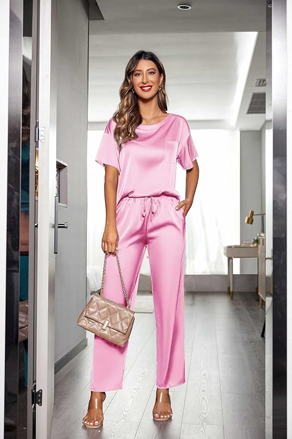 Ekouaer Womens Satin Silky Pajama Set Short Sleeve Shirt with Long Pajama Pant Set Soft PJ Loungewear