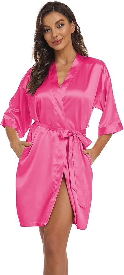 Women's Pure Short Kimono Robes Bride Bridesmaids Silky Bathrobe Lightweight Satin Sleepwear