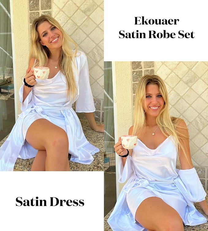 Ekouaer Women's Satin Robe Set Nightgown with Robes Silk Pajama Set 2 Pieces Lingerie Cowl Neck Cami Sleepwear Sets