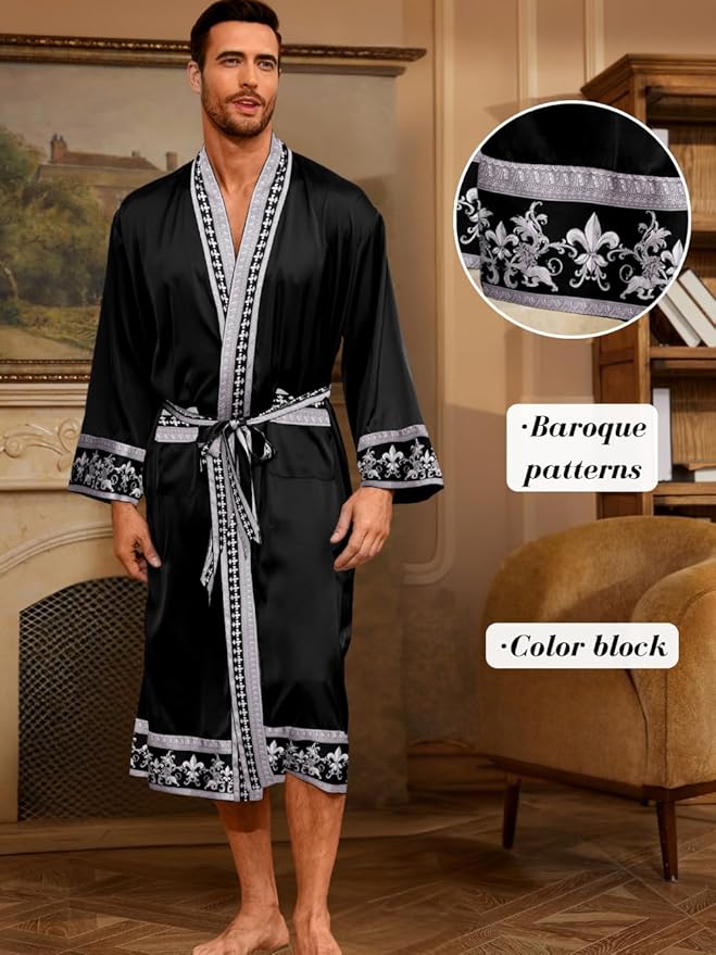 ChiaoLezhee Men's Luxury Silky Robe & Shorts Set, 2PC Lightweight Satin Pajamas with Pockets, Opulent Baroque Kimono Gifts