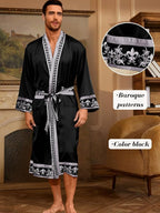 ChiaoLezhee Men's Luxury Silky Robe & Shorts Set, 2PC Lightweight Satin Pajamas with Pockets, Opulent Baroque Kimono Gifts