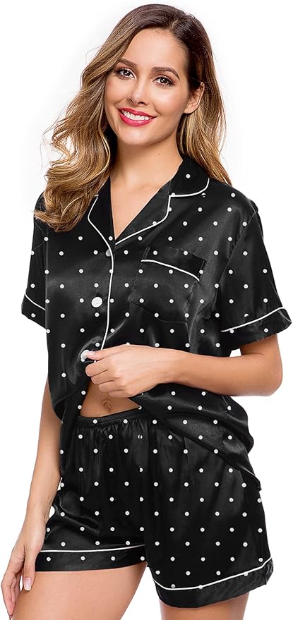 LecGee Womens Silk Satin Pajamas Short Sleeve Loungewear Two-Piece Sleepwear Button-Down Pj Set