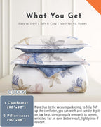 ALEISSEL Natural Cotton 3pcs Floral Comforter Sets Queen Size - Grayish White Comfoter with Blush & Tan Floral Print, Aegean Blue Reverse, Vintage Lightweight Bedding Sets(Queen 90"×90")
