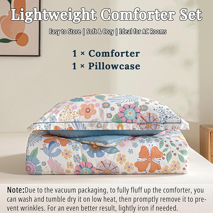 ALEISSEL Blue Floral Cotton Comforter Twin Size - Vibrant Artistic Blooms & Boho Geometric Patterns, White & Soft Blue, 2PC Lightweight Bedding Sets with Down Alternative Fill(68"×90")