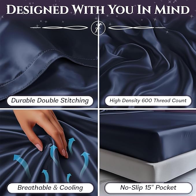 SLEEP SANCTUARY Satin Sheets Queen Size – 4 Piece Luxury Silky Bed Set, Softer Than Silk, 15" Deep Pocket, Cooling & Wrinkle-Free, Moisture-Wicking & Breathable for Hair & Skin (Navy Blue)